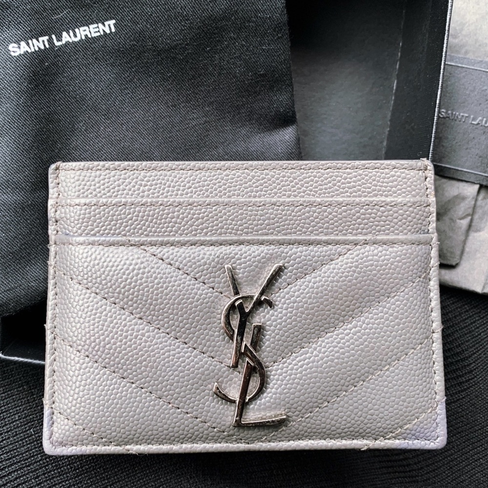 Saint Laurent Monogram Matelassé Leather Card Case in Storm Grey / Silver YSL